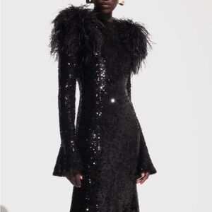 lapointe Black SEQUIN FLARE SLEEVE DRESS WITH FEATHERS